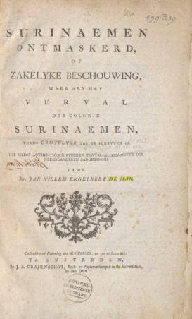 Titelblad Surinaemen Ontmaskerd (1776). Collectie: Koninklijke Bibliotheek